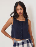 Navy Linen-Rich Button Front Top