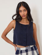 Navy Linen-Rich Button Front Top