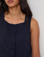 Navy Linen-Rich Button Front Top