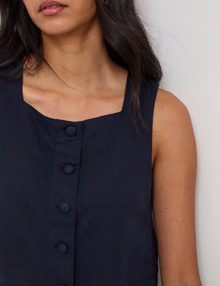 Navy Linen-Rich Button Front Top