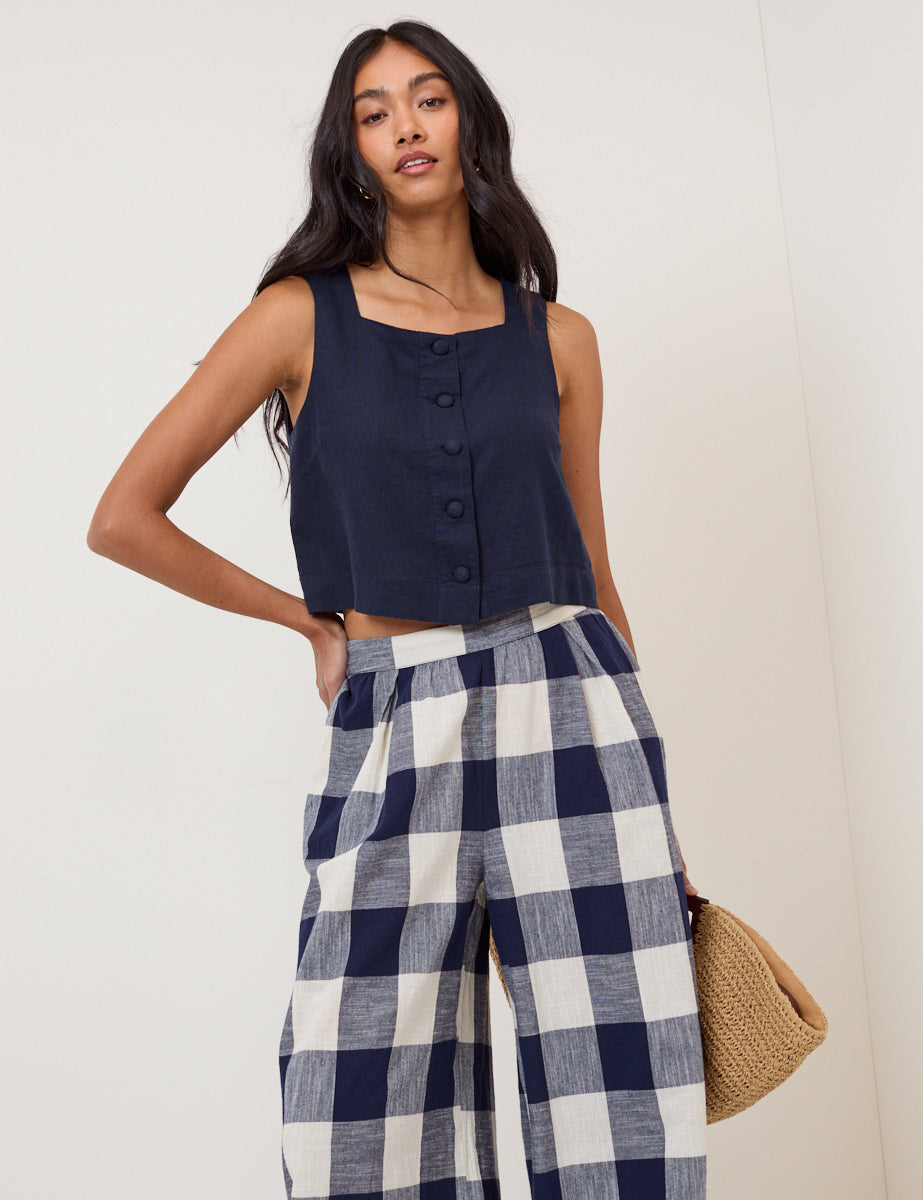 Navy Linen-Rich Button Front Top
