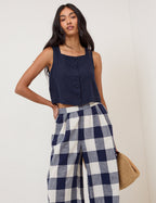 Navy Linen-Rich Button Front Top