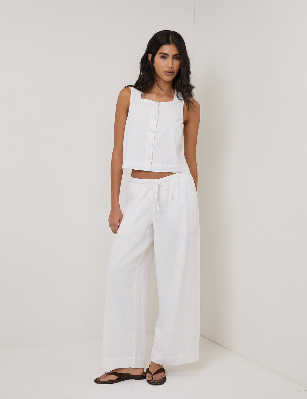 White Linen-Rich Button Front Top