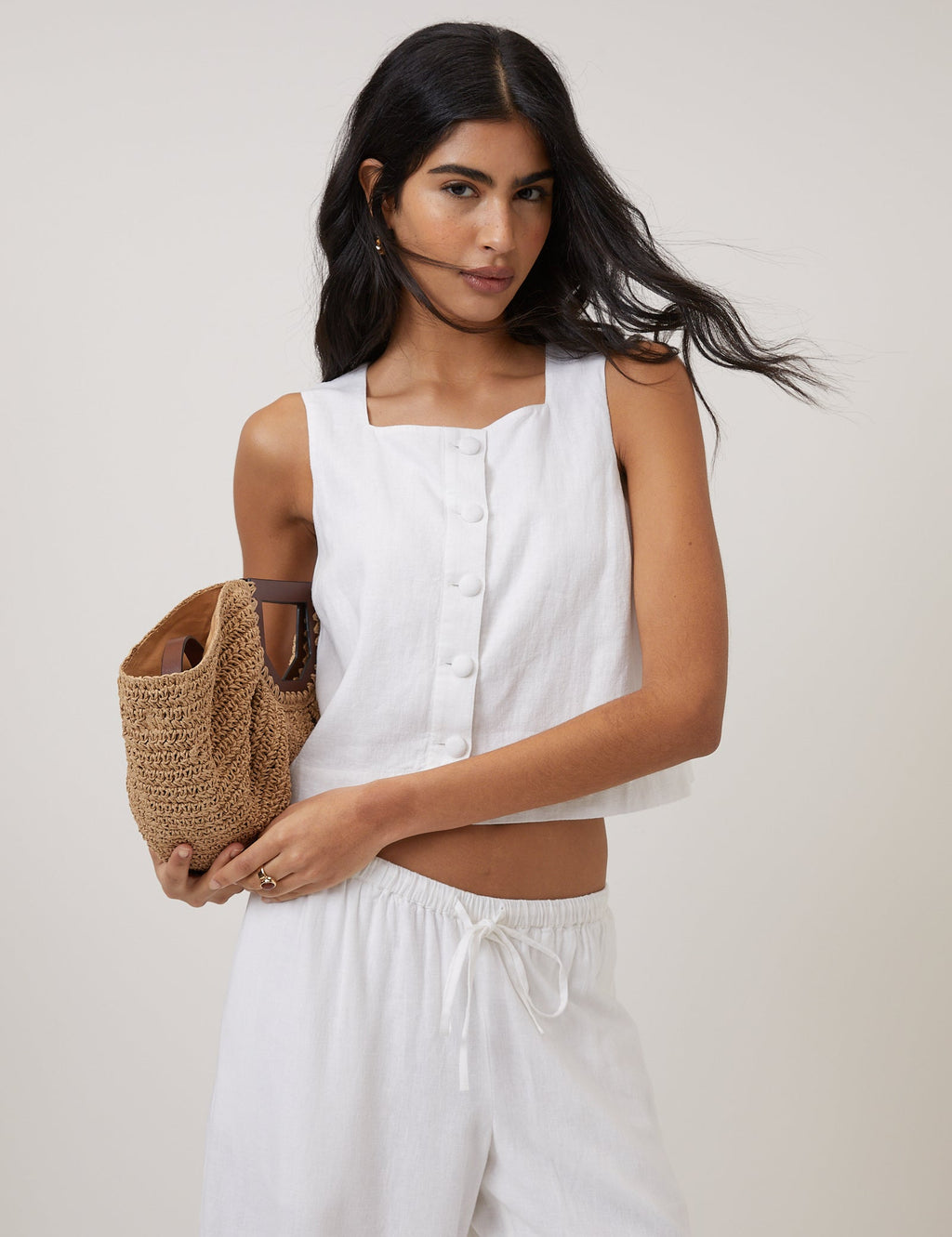 White Linen-Rich Button Front Top