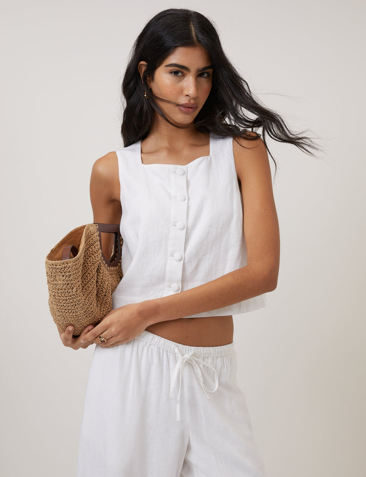 White Linen-Rich Button Front Top