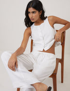 White Linen-Rich Button Front Top