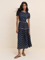 Navy Polka Dot Tiered Dara Midi Dress
