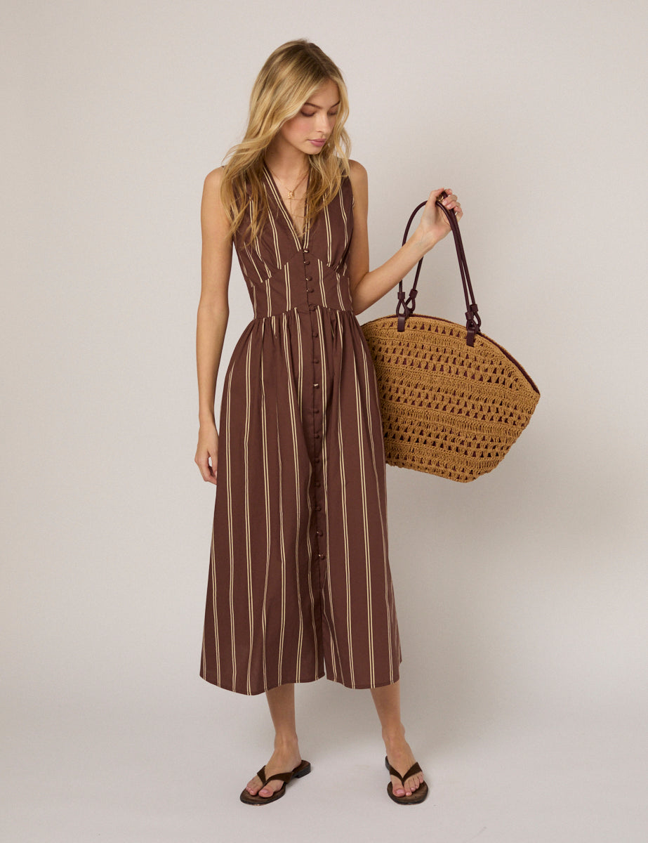 Brown Pinstripe Sleeveless Starlight Midi Dress