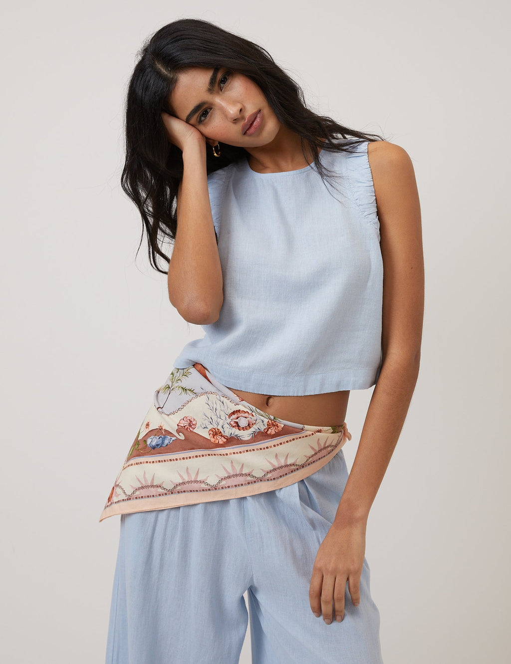 Light Blue Linen-Rich Ruched Top