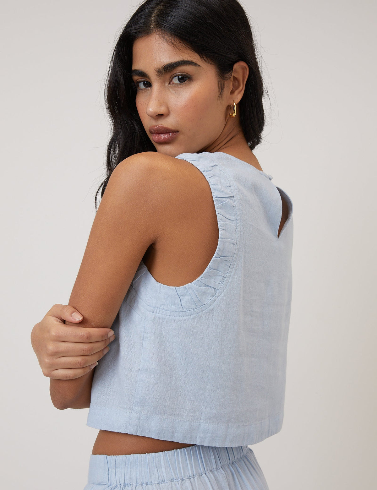 Light Blue Linen-Rich Ruched Top
