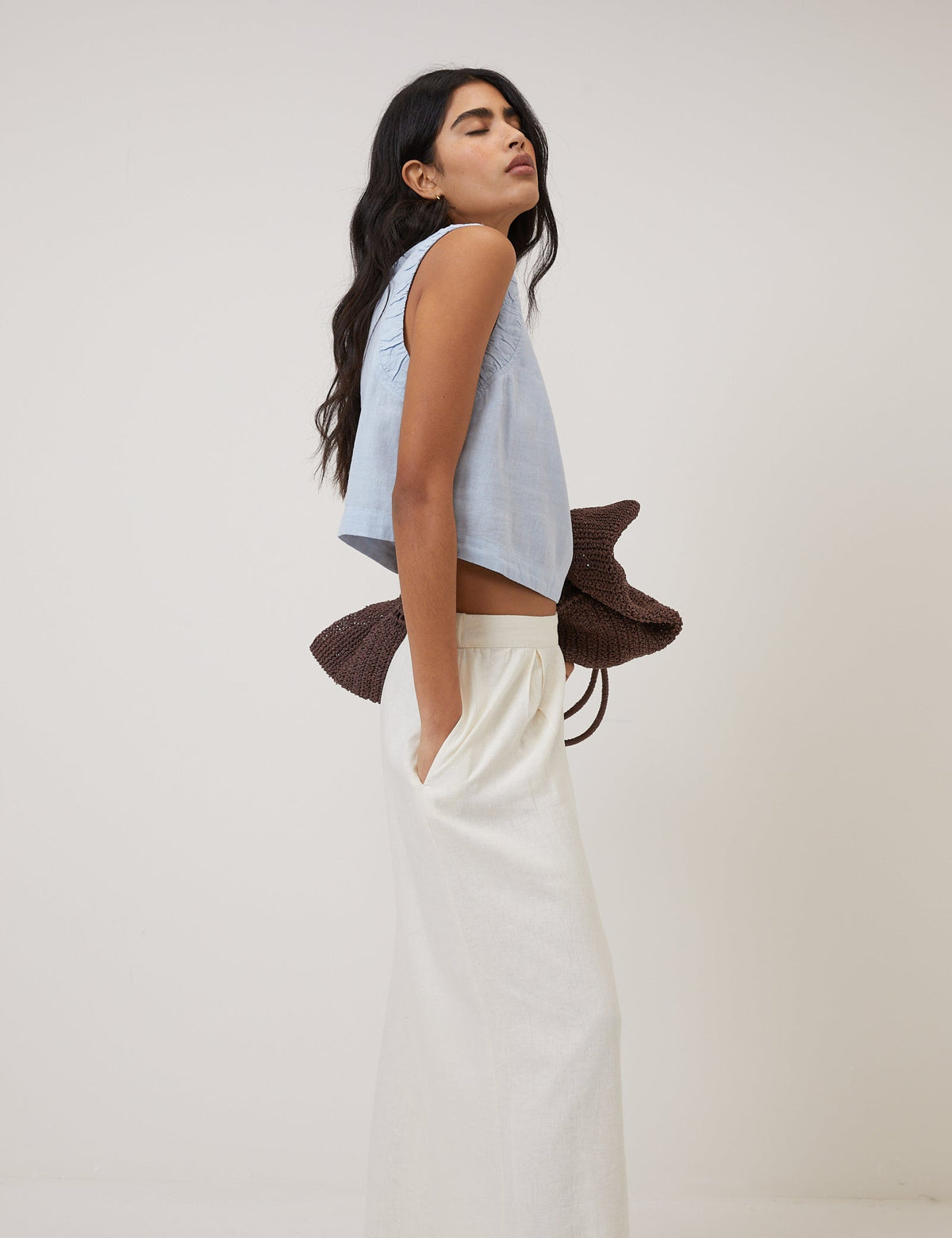 Light Blue Linen-Rich Ruched Top