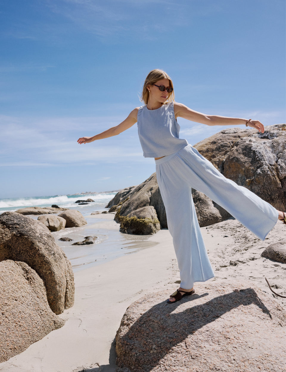 Light Blue Linen-Rich Ruched Top