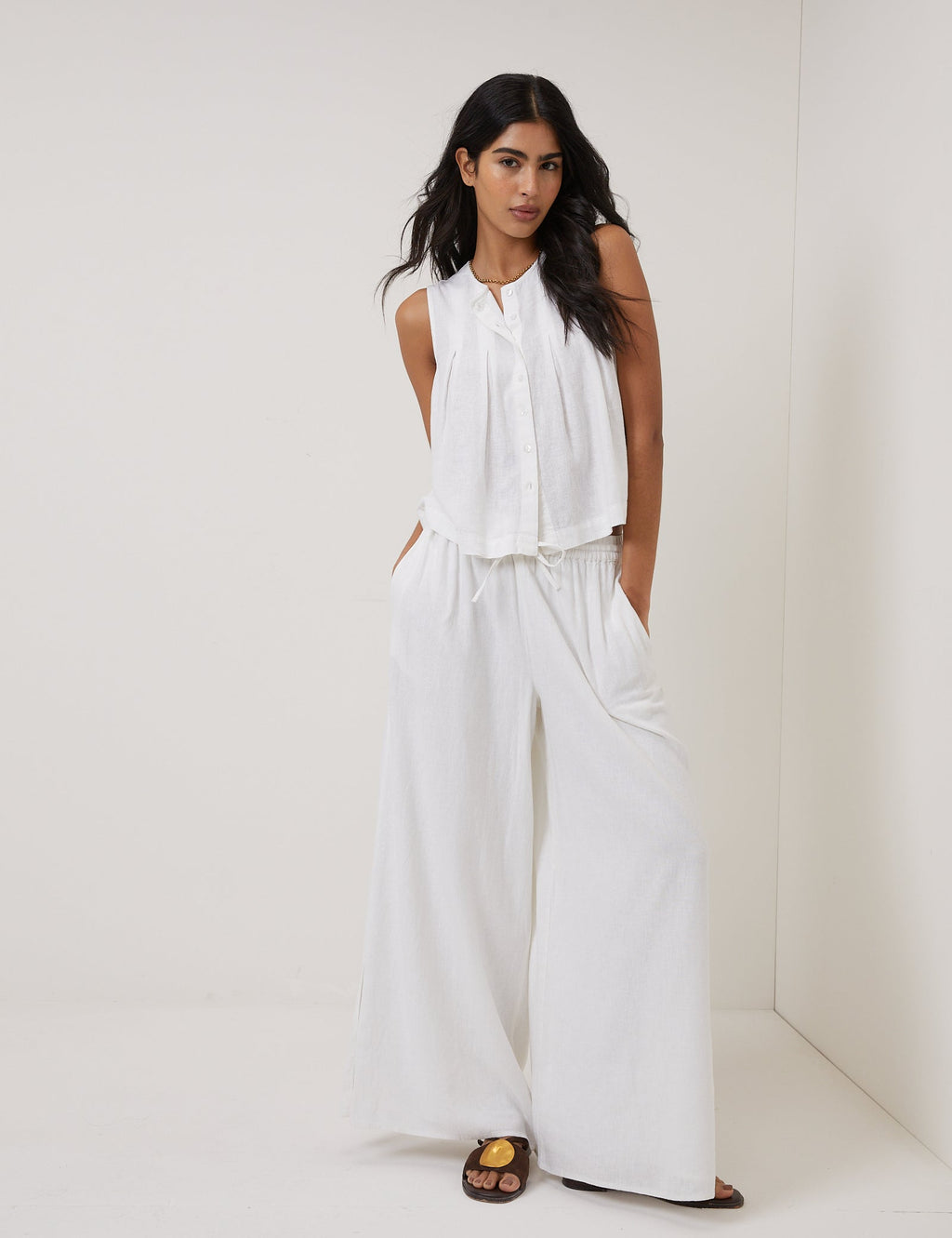 White Pleated Shell Linen-Rich Tate Top