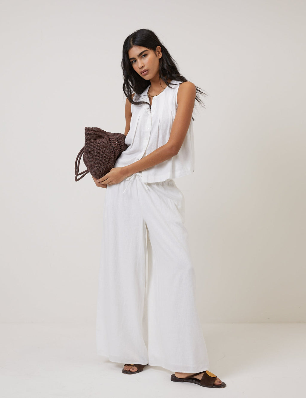 White Pleated Shell Linen-Rich Tate Top