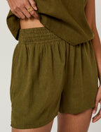 Khaki Green Linen-Rich Elasticated Shorts