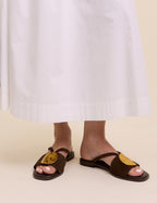Brown Suede Metal Disc Detail Sandals