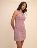 Burgundy Gingham Boat Neck Tailored Mini Dress