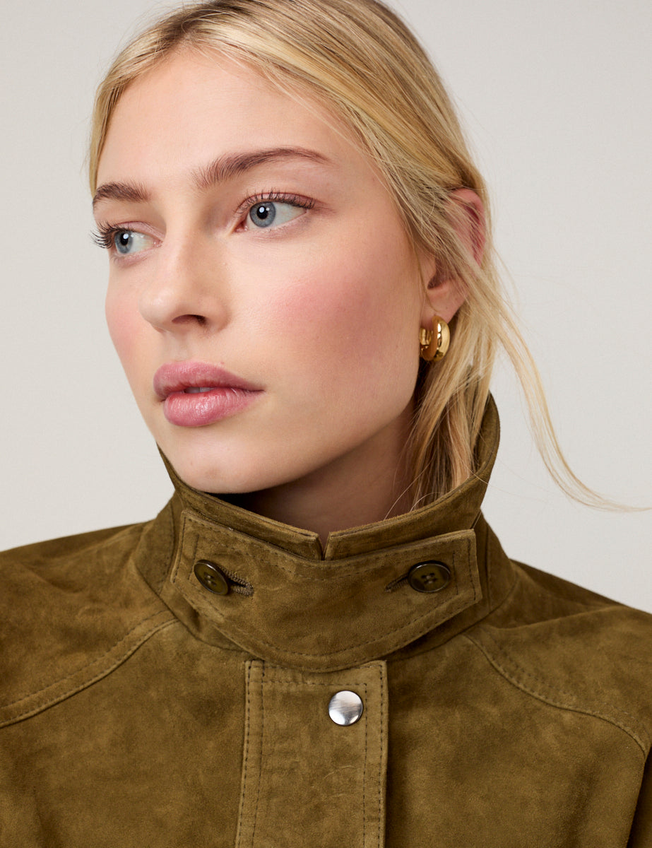 Khaki Funnel Neck Suede Bomber Jacket