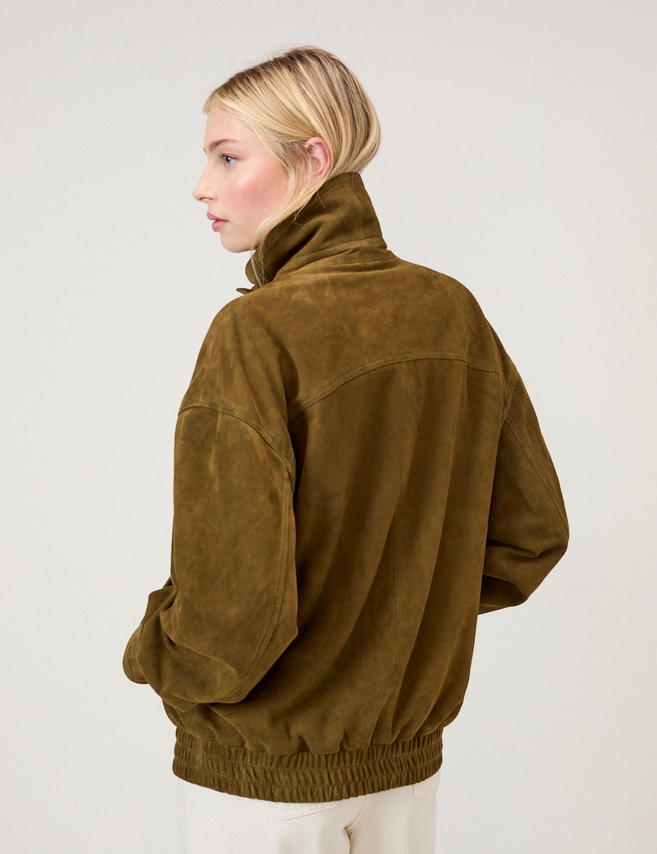 Khaki Funnel Neck Suede Bomber Jacket
