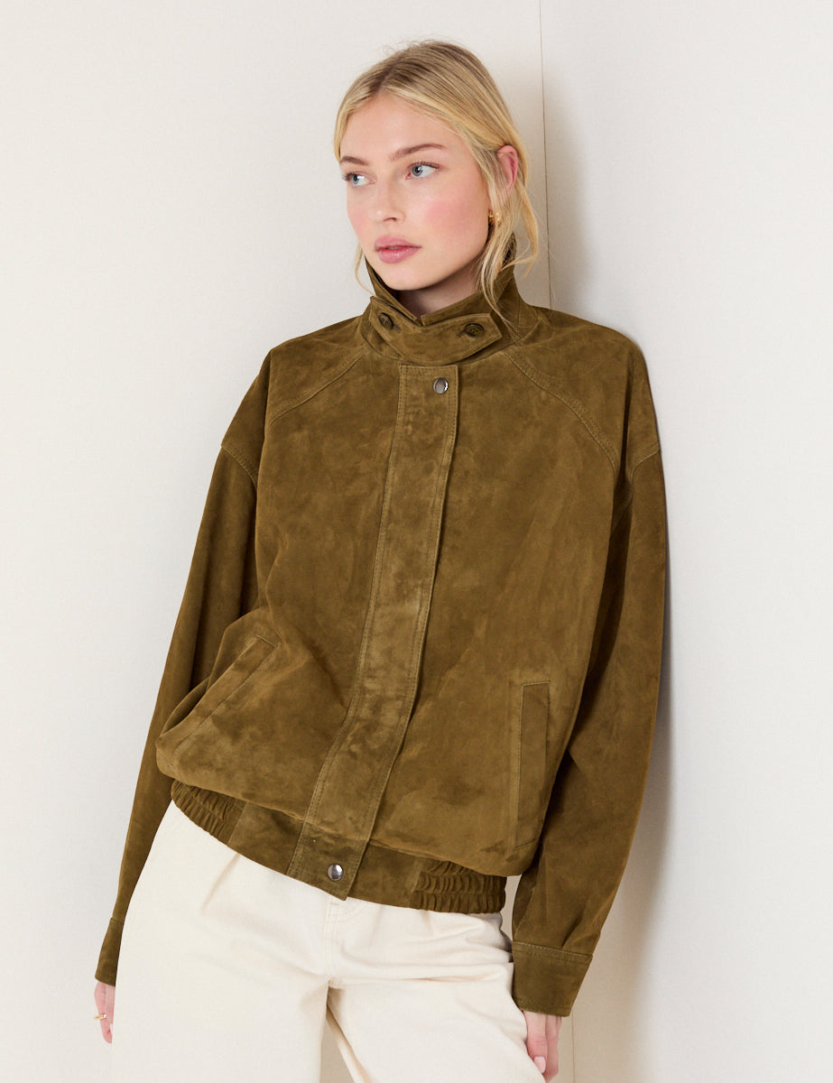 Khaki Funnel Neck Suede Bomber Jacket
