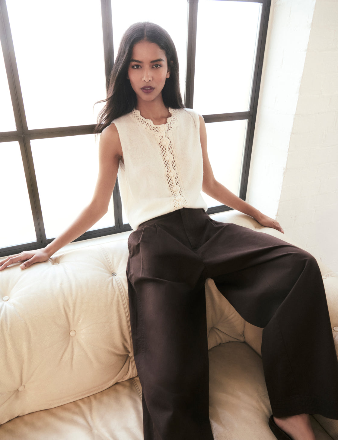 Cream Wool-Blend Crochet Trim Vest