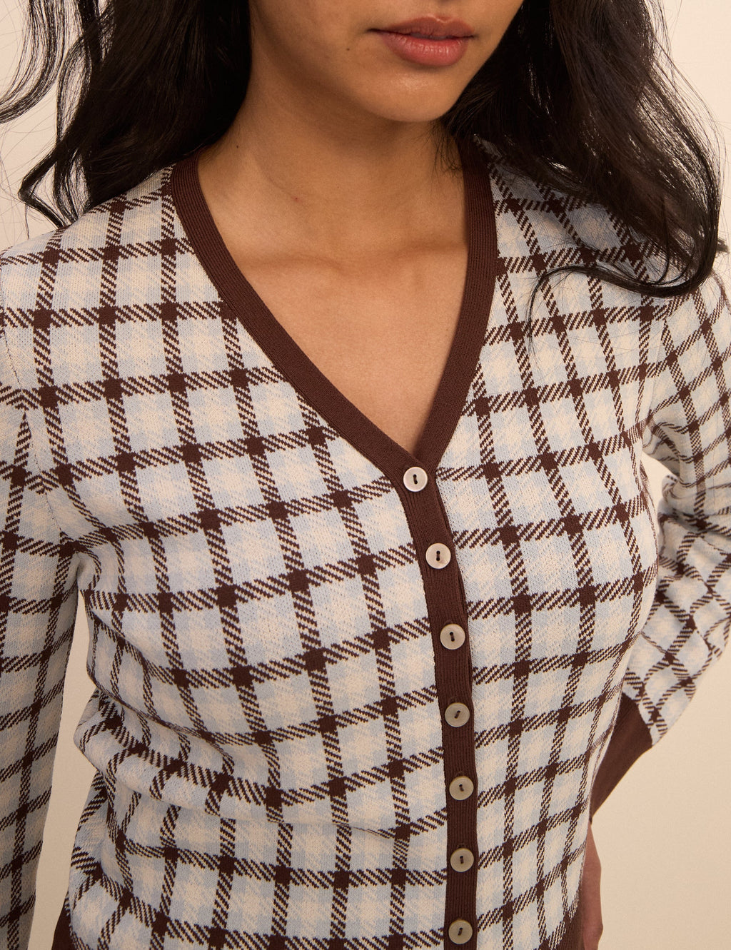 Brown and Blue V-Neck Jacquard Check Cardigan