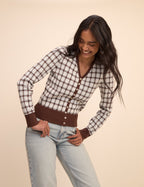 Brown and Blue V-Neck Jacquard Check Cardigan