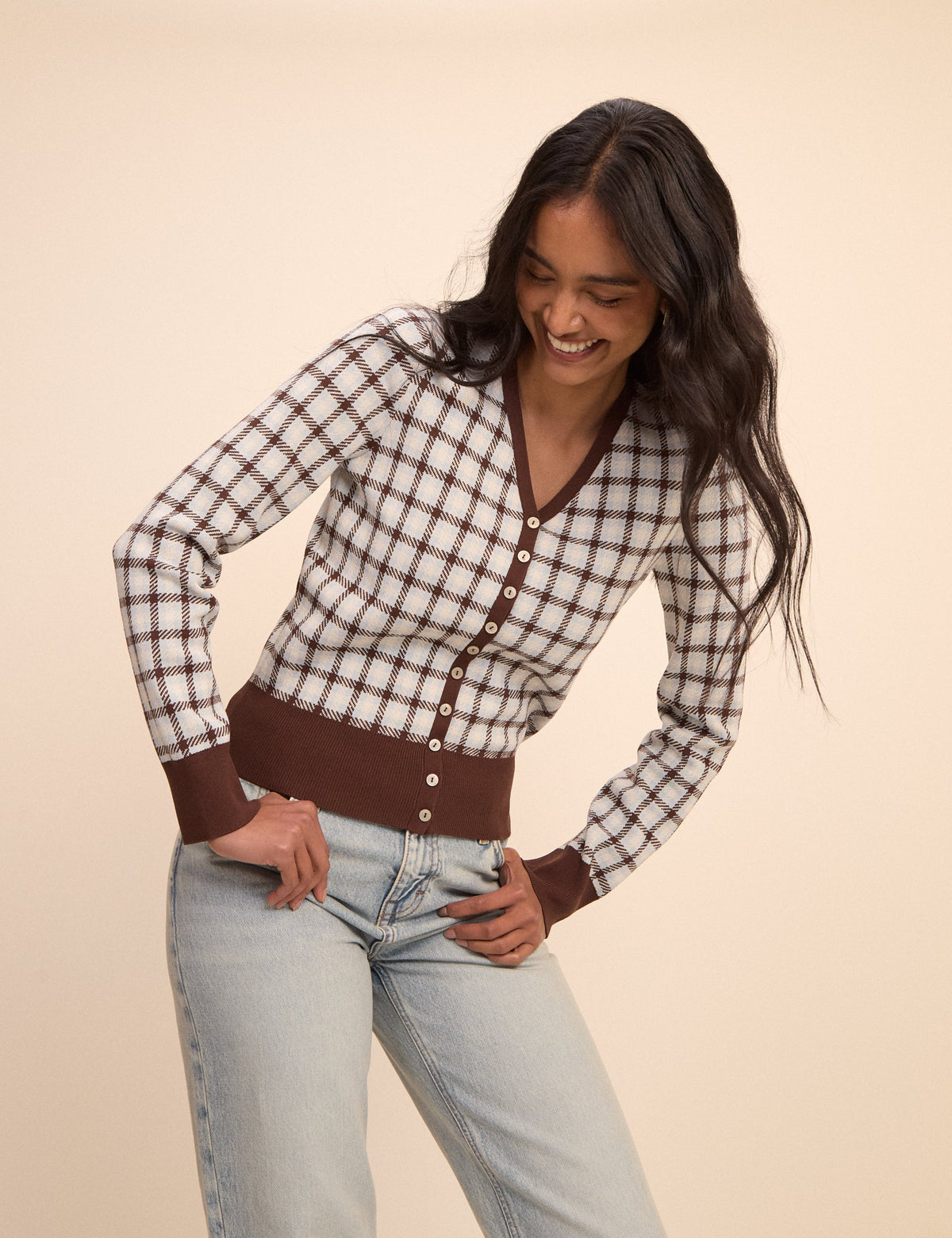 Brown and Blue V-Neck Jacquard Check Cardigan