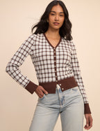 Brown and Blue V-Neck Jacquard Check Cardigan