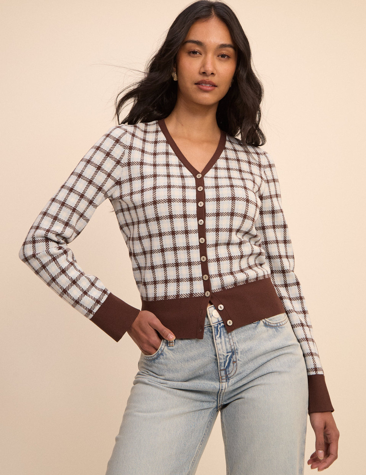 Brown and Blue V-Neck Jacquard Check Cardigan