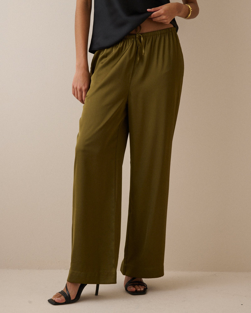 Khaki Satin Wide Leg Lyra Trousers