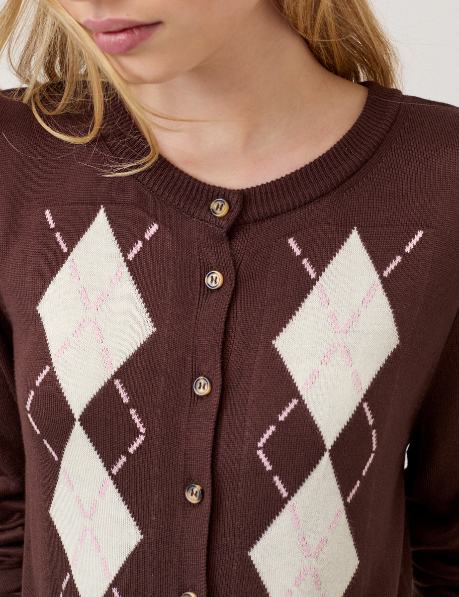Brown Argyle Print Cardigan