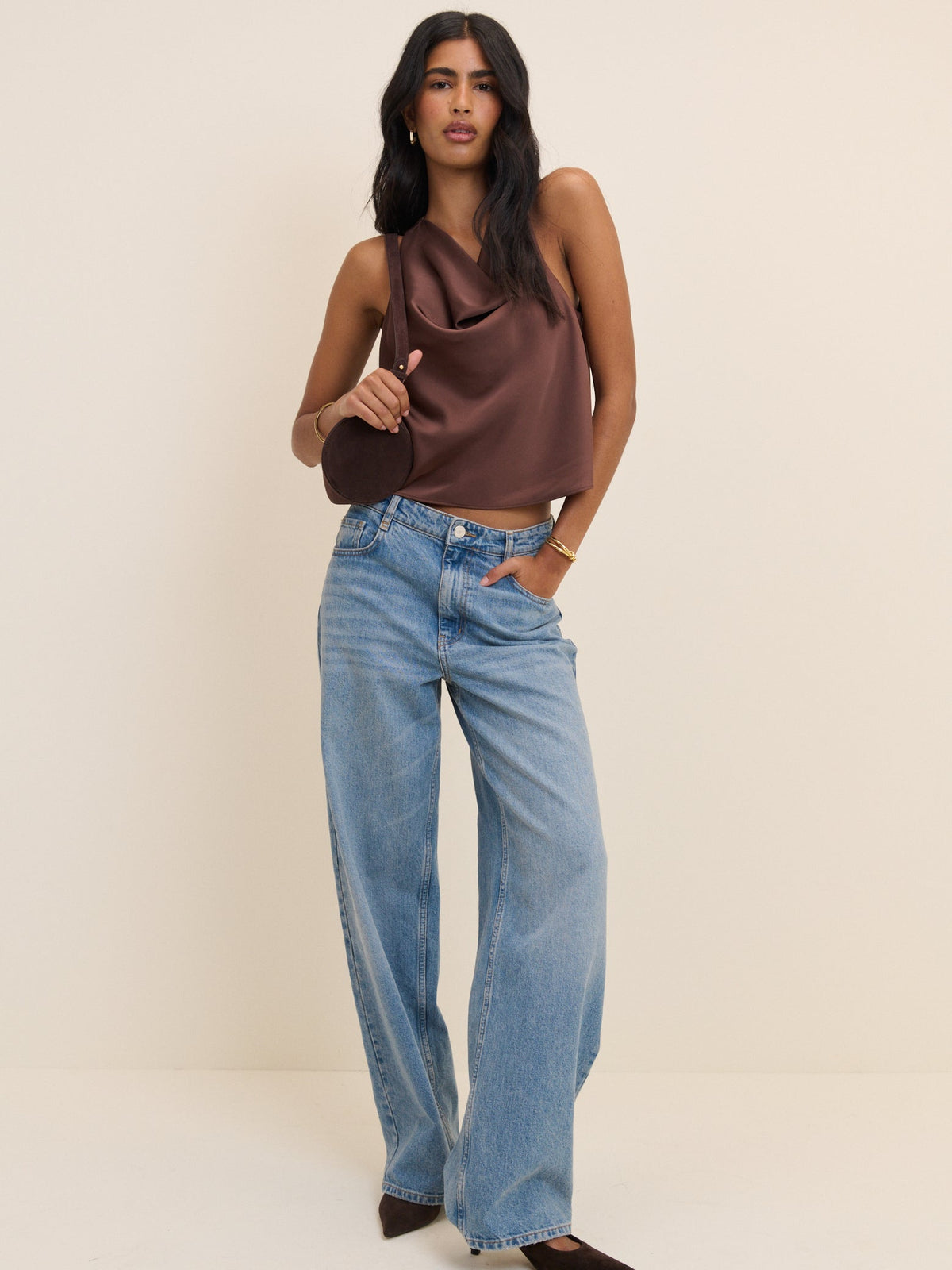 Brown Cowl Neck Satin Top