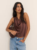 Brown Cowl Neck Satin Top