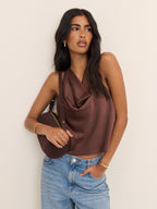Brown Cowl Neck Satin Top
