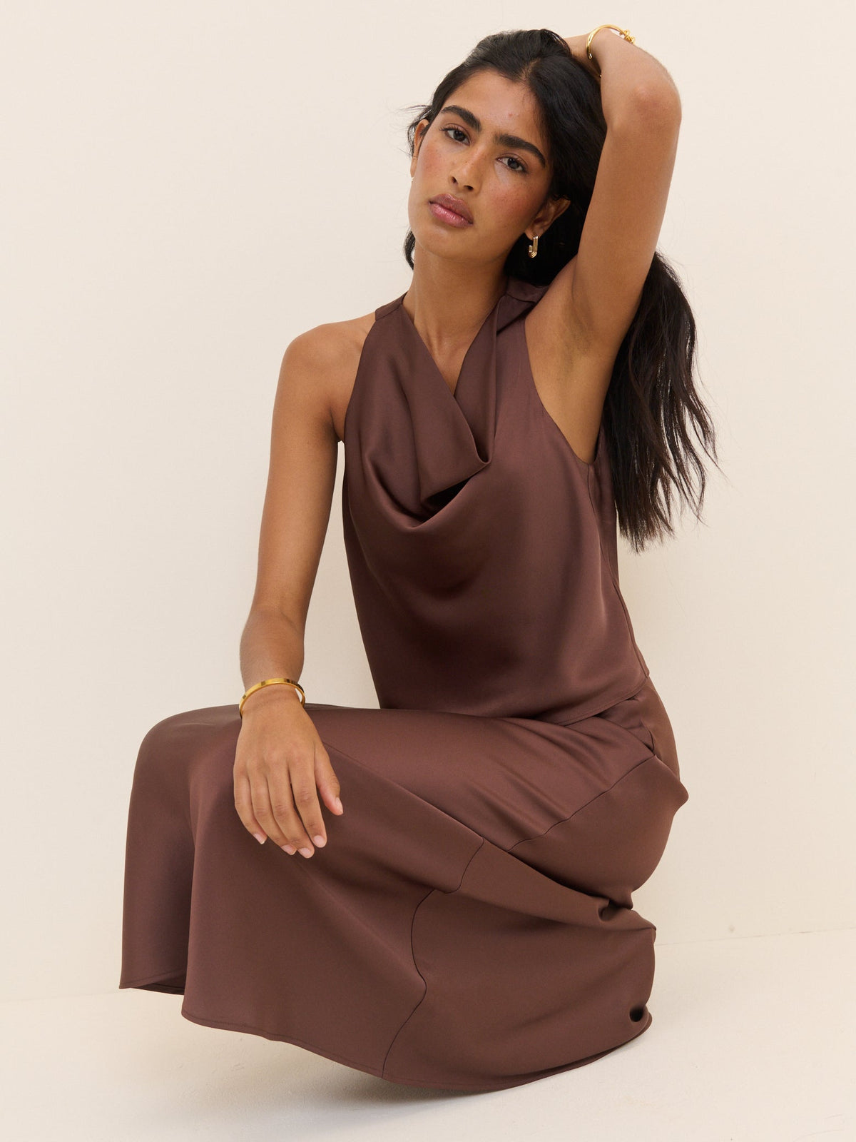 Brown Satin Slip Maxi Skirt