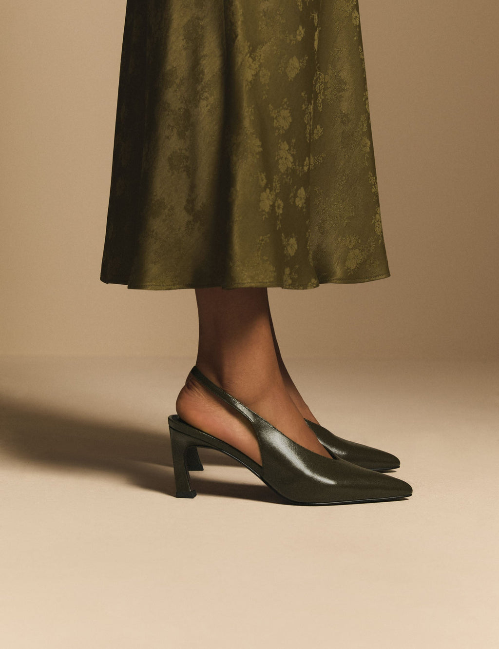 Deep Olive High Vamp Sling Back Heels
