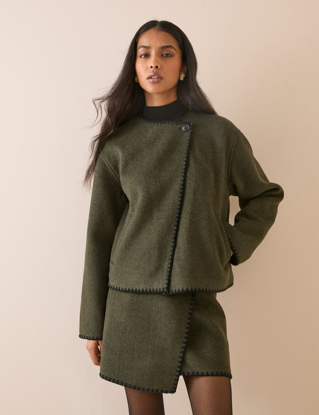 Khaki Whipstitch Asymmetric Wool-Blend Jacket