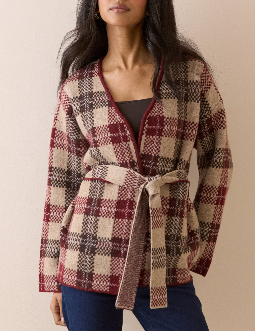 Brown and Burgundy Check Belted Knit Jacket