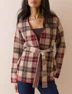 Brown and Burgundy Check Belted Knit Jacket