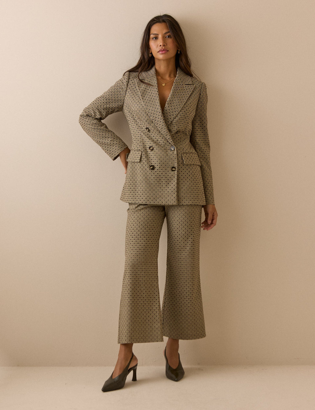 Beige Houndstooth Polka Dot Cropped Flare Trousers