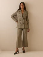 Beige Houndstooth Polka Dot Cropped Flare Trousers