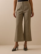 Beige Houndstooth Polka Dot Cropped Flare Trousers