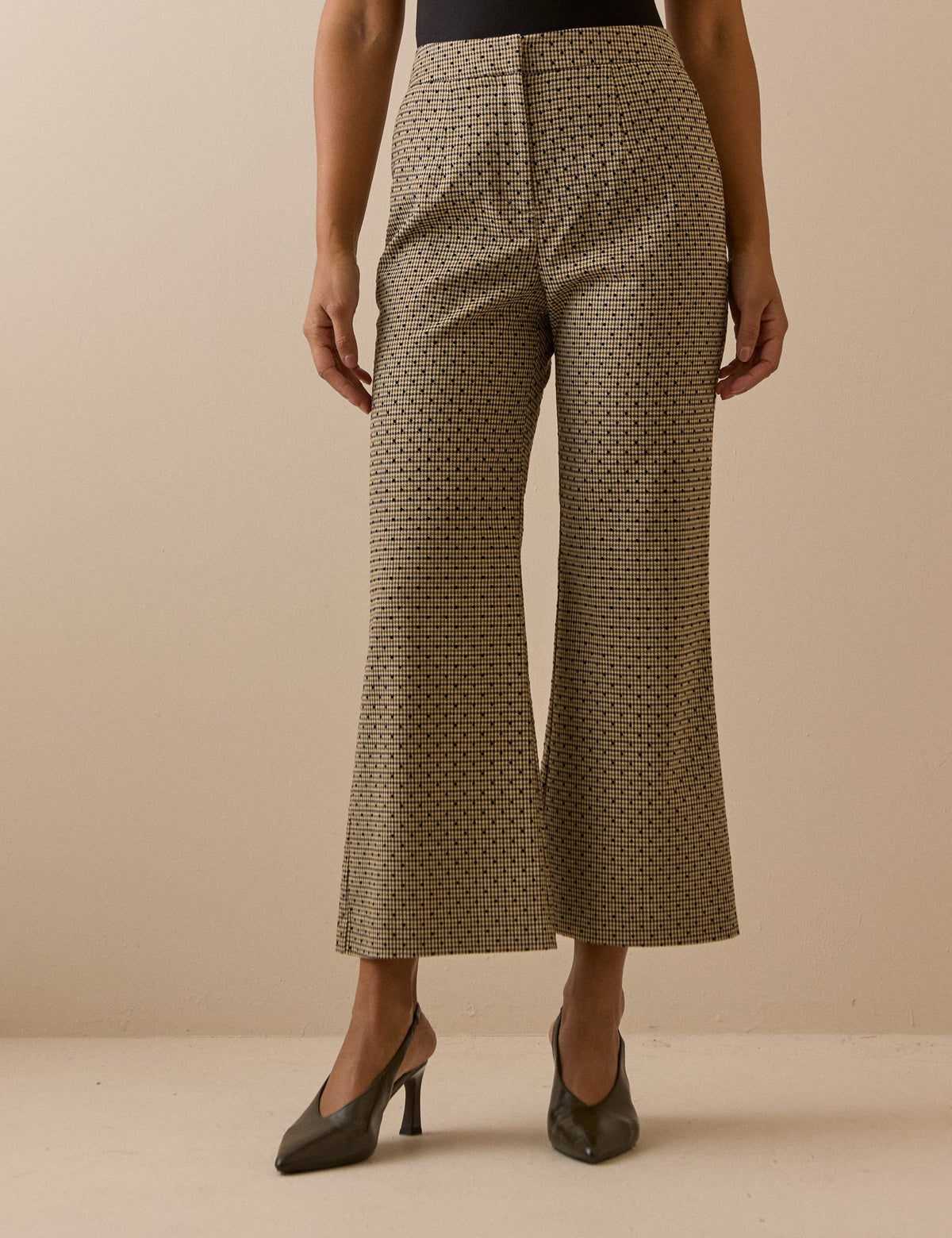 Beige Houndstooth Polka Dot Cropped Flare Trousers