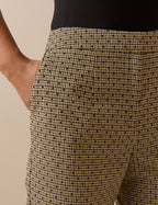 Beige Houndstooth Polka Dot Cropped Flare Trousers