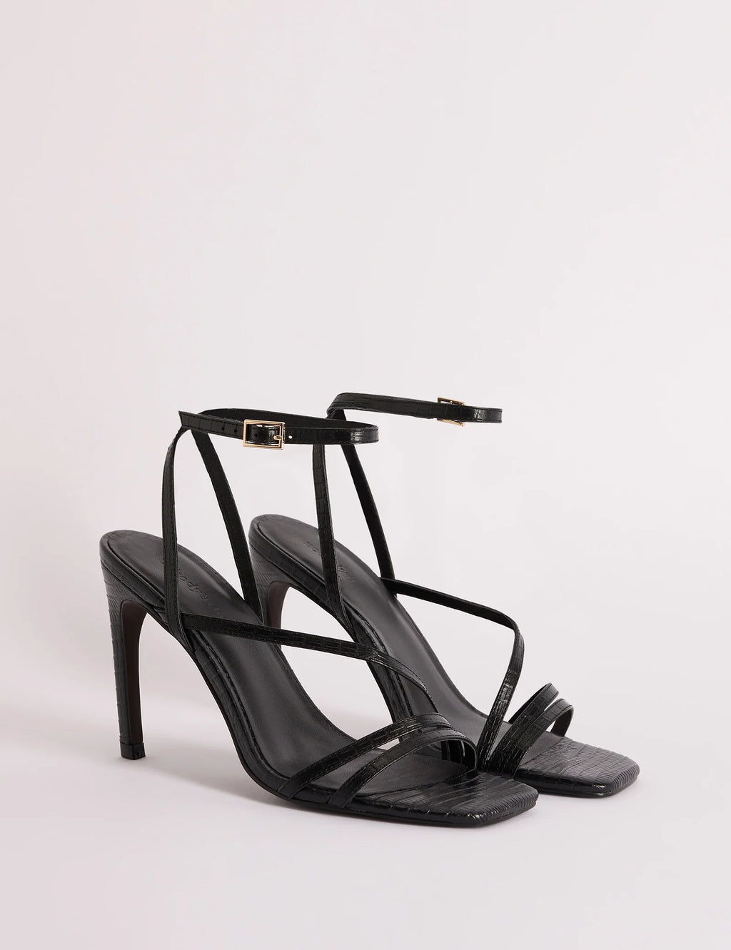 Black Croc-Embossed Leather Strappy Heel