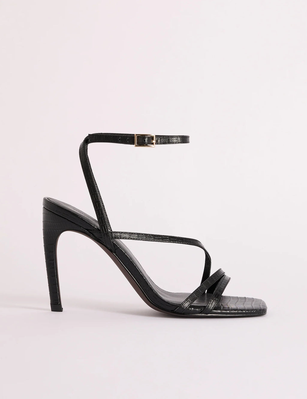 Black Croc-Embossed Leather Strappy Heel