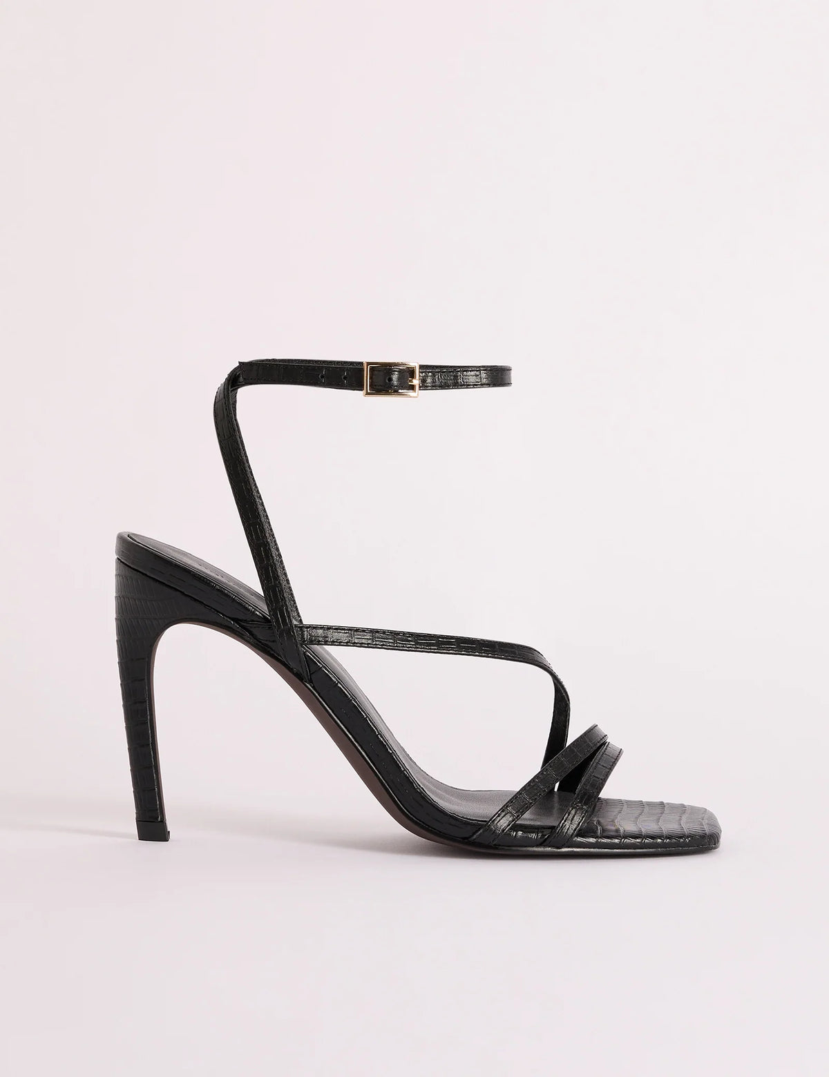 Black Croc-Embossed Leather Strappy Heel