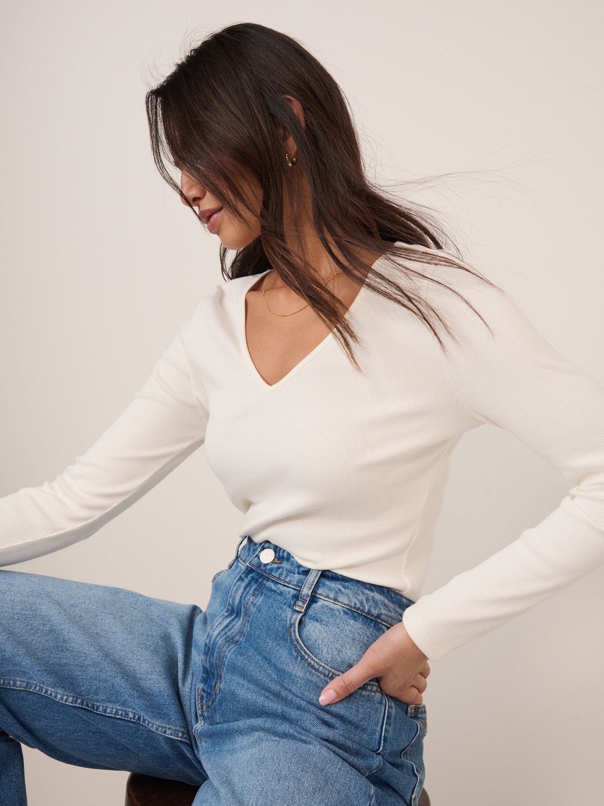 Cream V-Neck Long Sleeve Ribbed Top
