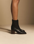 Black Leather Block Heel Ankle Boots